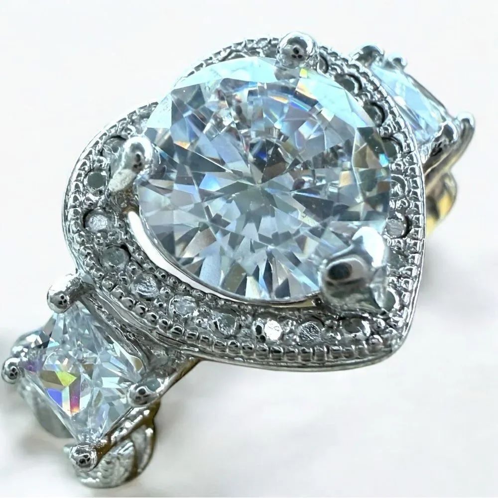 Heart Halo CZ Statement Ring Silver Tone Size 6.5 – Sparkling Bold Look